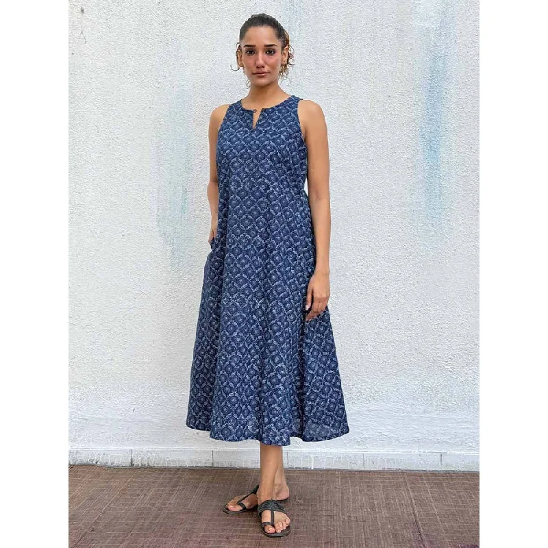 Chidiyaa Navy Blue Butterfly Blockprinted Cotton Dress