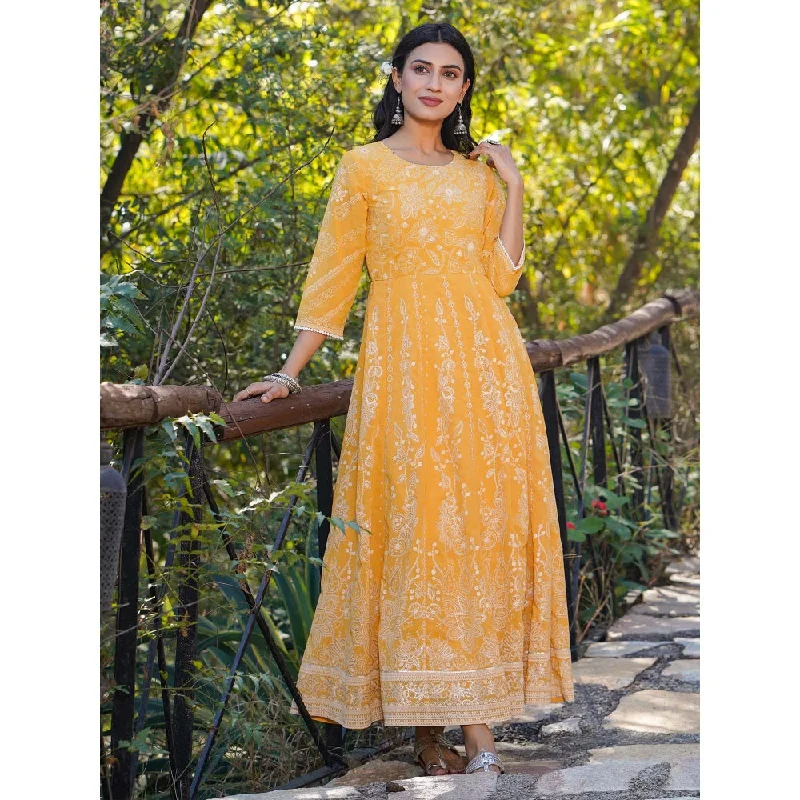 Juniper Yellow Georgette Printed Anarkali Dress