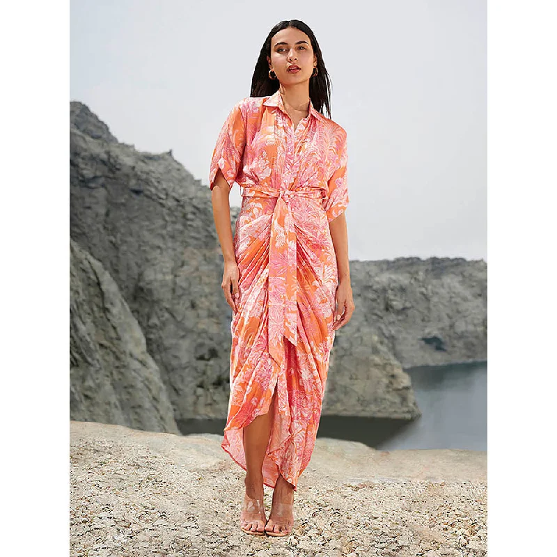 House of Soi Orange & Pink Printed Sonia Dress with Belt (Set of 2)