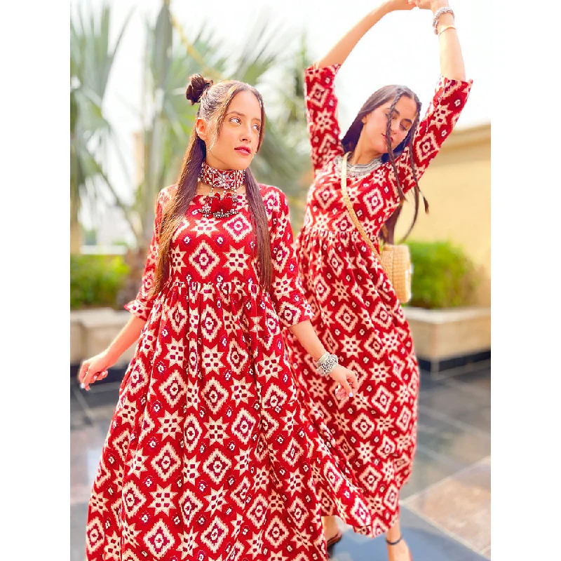 DIMPLE DESIGN STUDIO Red Abstract Cotton Dress