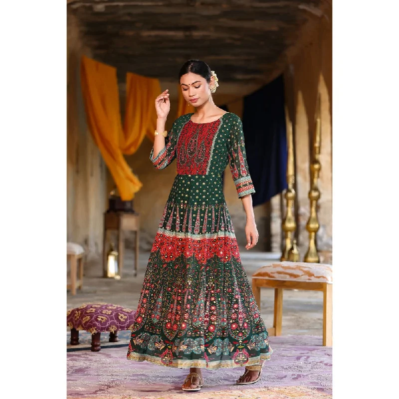 Juniper Jadegreen Georgette Printed Anarkali Dress