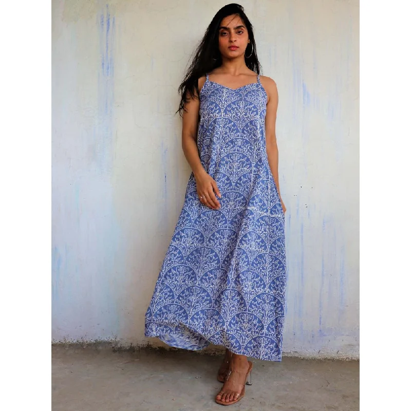 Chidiyaa Yale Blue Sleeveless Printed Cotton Dress