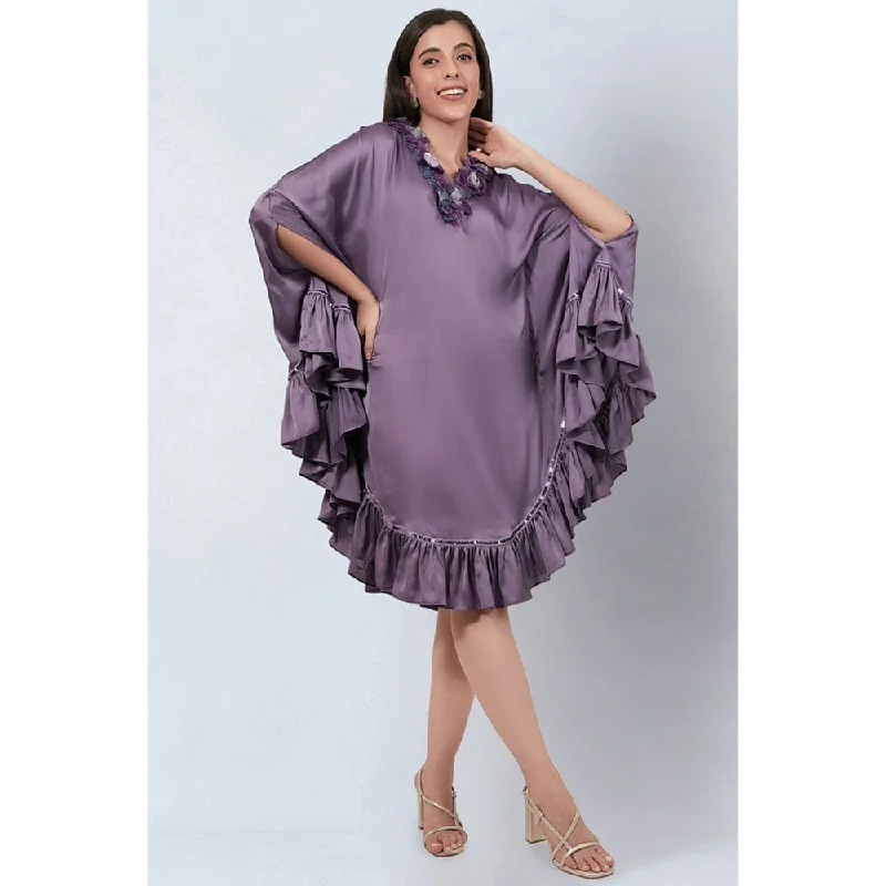 First Resort by Ramola Bachchan Purple Ruffle Dress with Floral Lace Detail