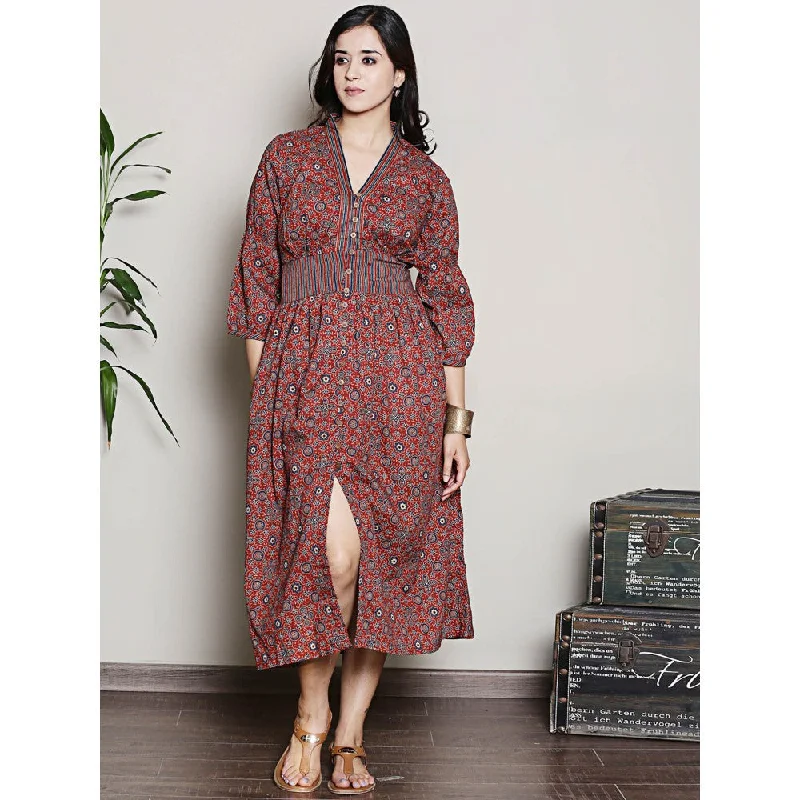 Spring Soul Maroon Printed Cotton Gathered Dress