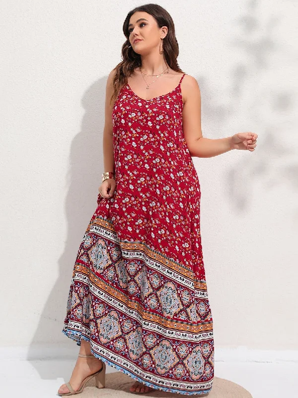 Ditsy Floral Maxi Cami Dress Backless Plus Size Women's Summer Elegant Large Hem Beach Dresses