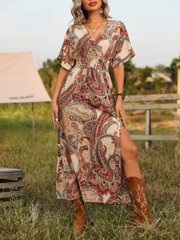 FRENCHY PAISLEY PRINT HIGH SIDE SLIT DRESS