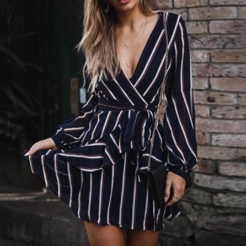 Dress Lantern Sleeve Casual Striped V Neck Casual Ruffle