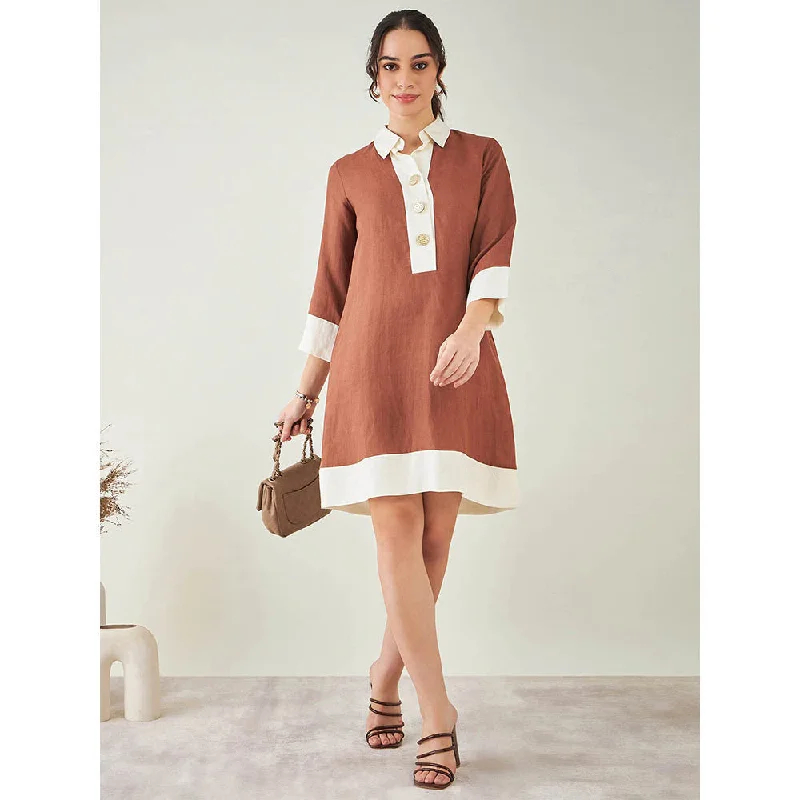 First Resort by Ramola Bachchan Brown and Off-White Linen Dress