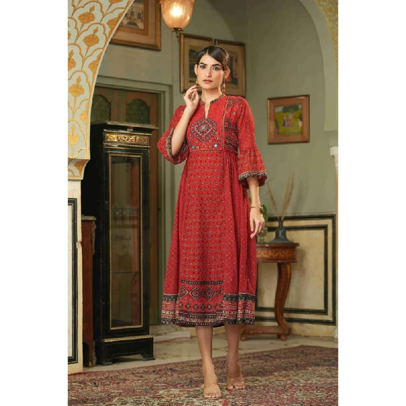 Juniper Red Georgette Festive Printed Flared Dress
