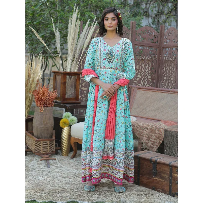 Juniper Aqua Cambric Floral Print Anarkali Dress & Dupatta Set With Rubber-Band (Set Of 3)