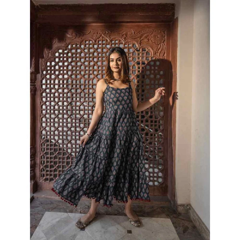 Divena Navy Blue Buti Printed Shoulder Strip Long Dress