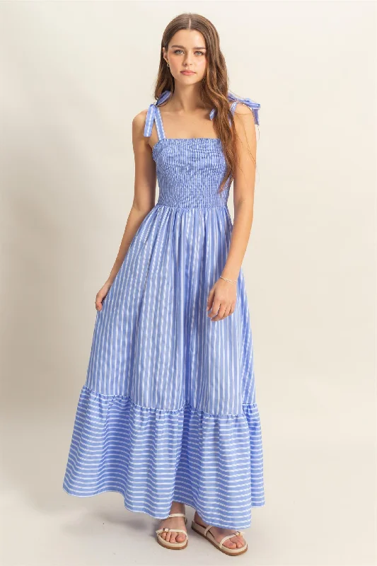 HF25E270-Striped Smocked Bodice Poplin Dress