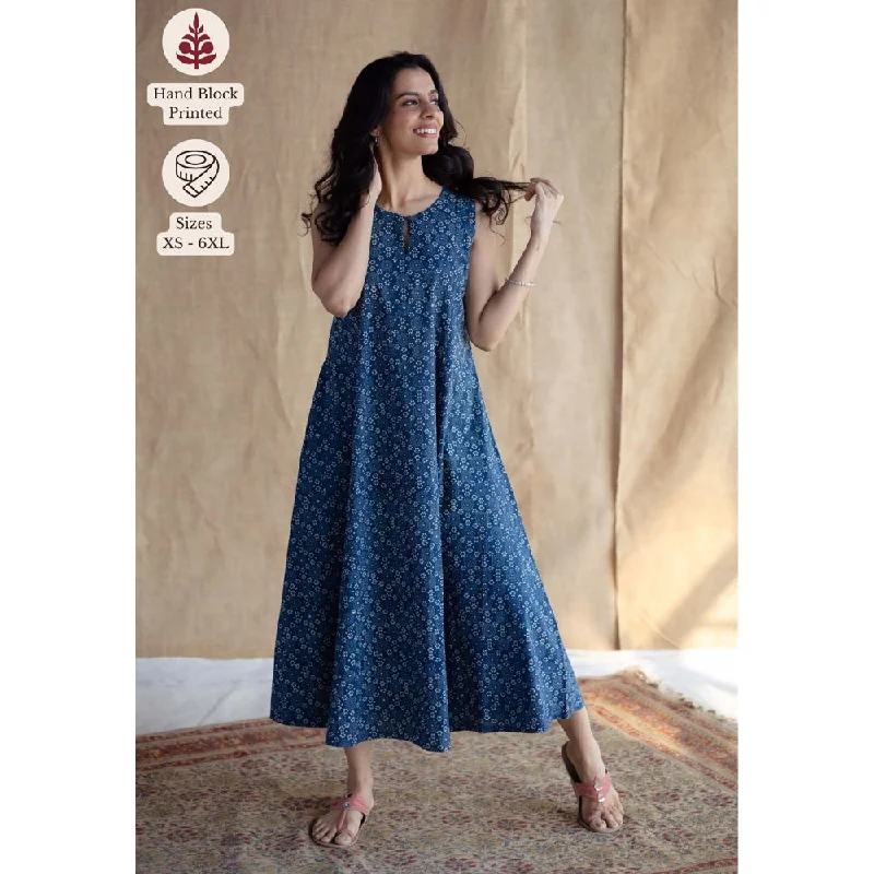 The Indian Ethnic Co. Navy Blue Ajrakh Printed Cotton A Line Dress