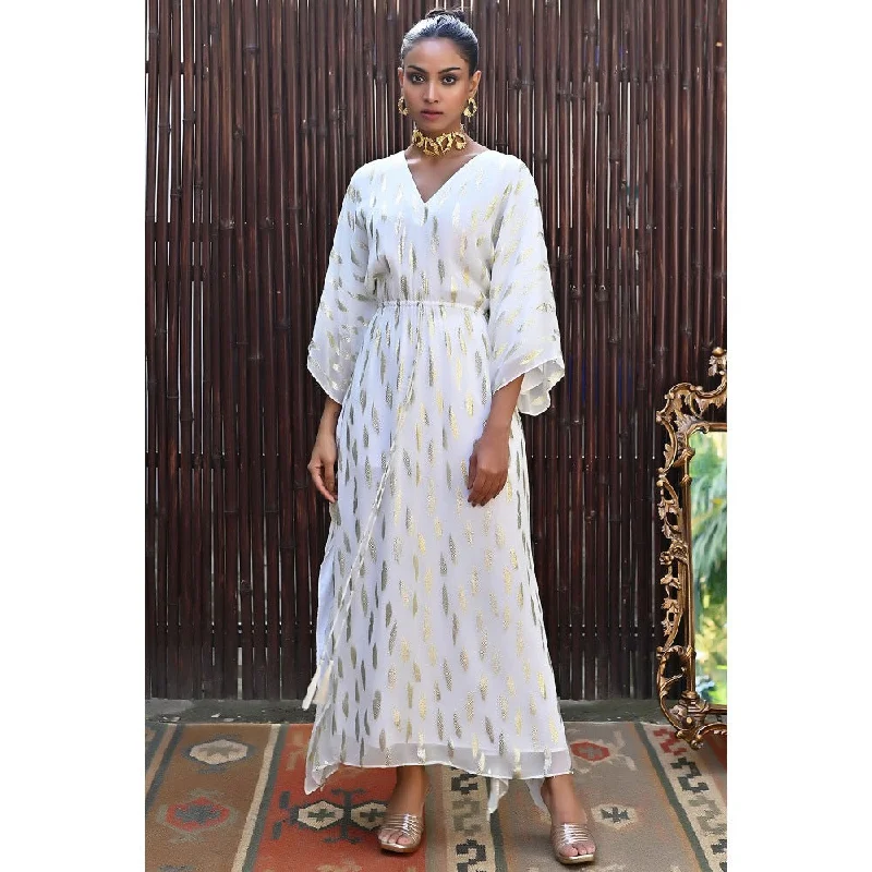 First Resort by Ramola Bachchan Ivory Lurex with Leaf Motifs Kaftan Dress