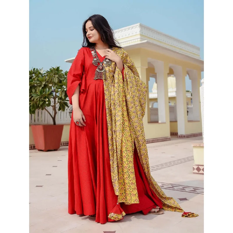 Indian Virasat Poppy Red Bell Sleeves Dress (Set of 2)