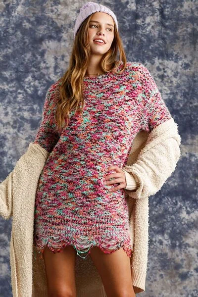 Distressed Hem Multicolored Knit Tunic Dress