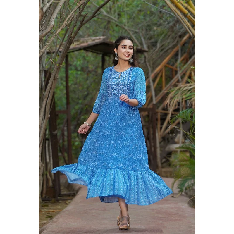 Juniper Blue Georgette Printed Tiered Dress