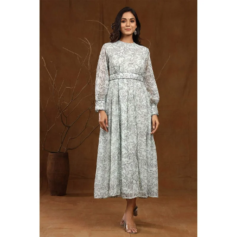 Juniper Sagegreen Alphin Chiffon Flared Printed Dress With Tie-Up Belt