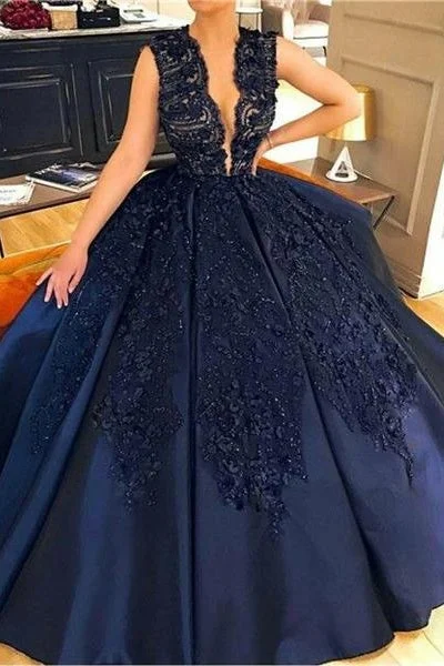 Modest Navy Blue Deep V-neck Satin Lace Ball Gown Princess Prom Dress
