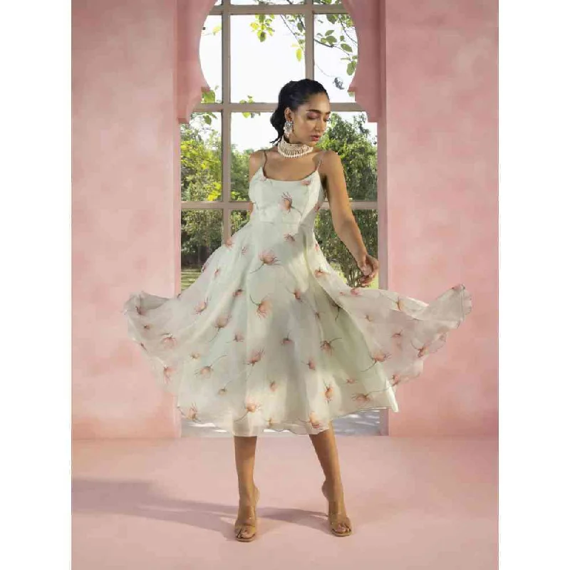 Saanjh by Lea Sayuri Turquoise Printed Organza Anarkali Dress