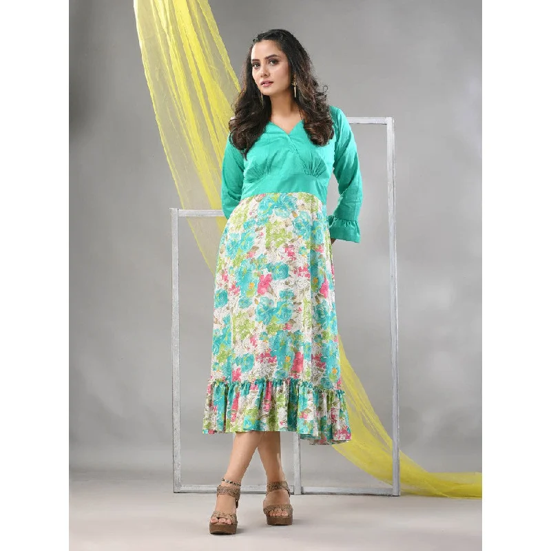 CHARUKRITI Mint Green Rayon Printed Flared Ethnic Dress