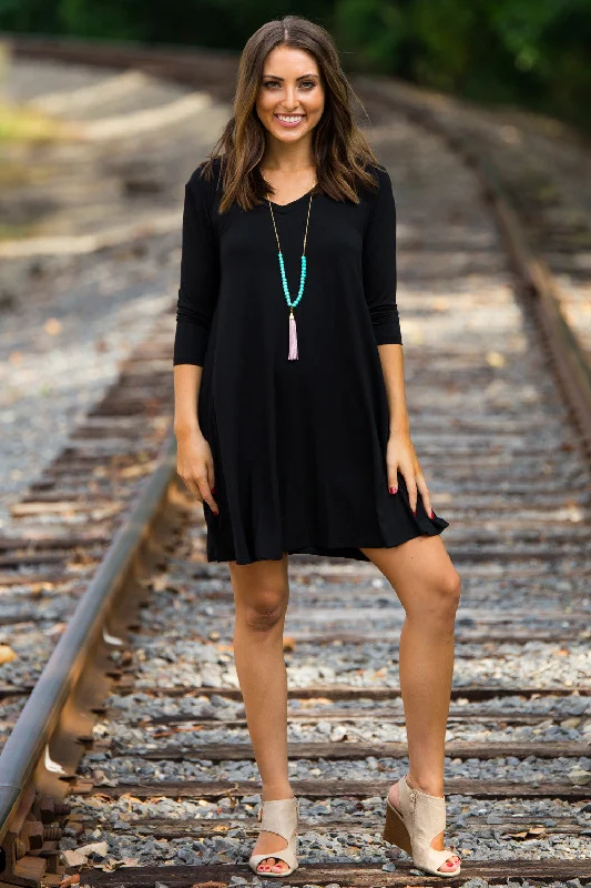 SALE-The Perfect Piko 3/4 Sleeve V-Neck Swing Dress-Black