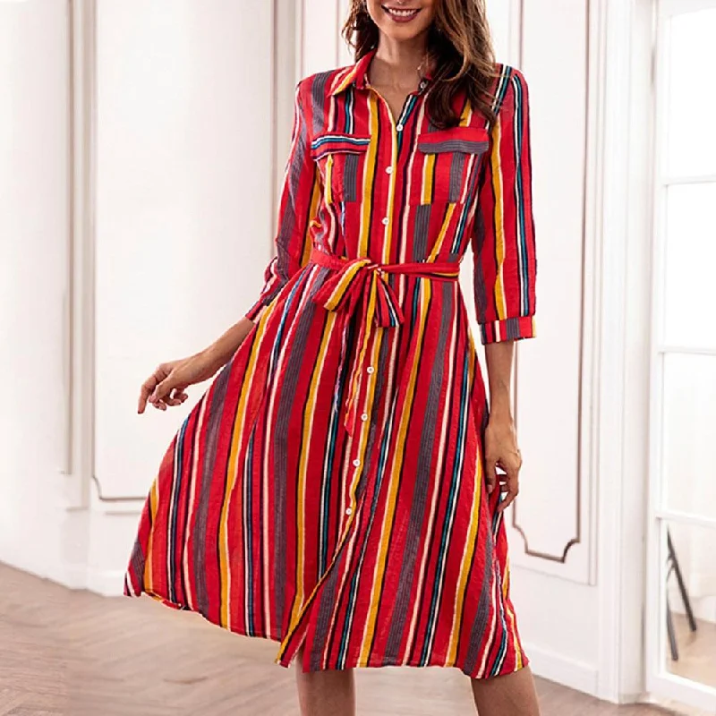 Dress Long Sleeve Striped Multicolor Loose Button With Belt