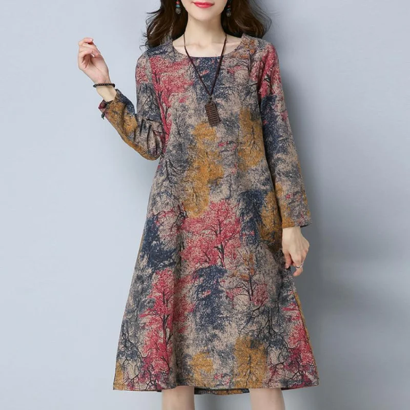 Long Sleeve O Neck Pocket Cotton Loose Dress