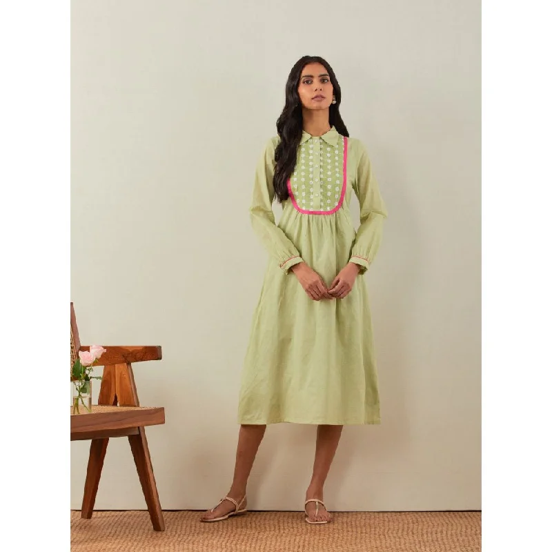 TIC Green Zaid Collared Long Dress With Chikankari Yoke