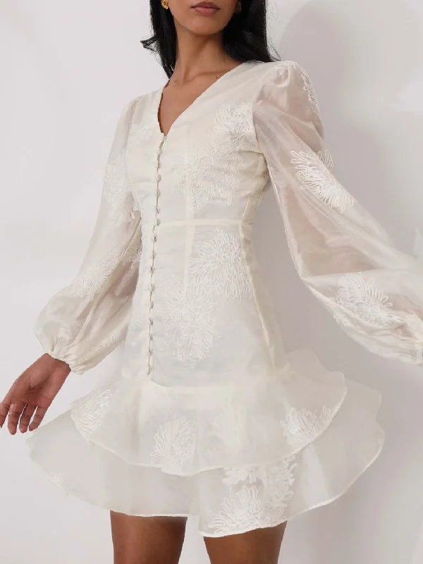 Sassela Embroidered Frill Dress | Cream
