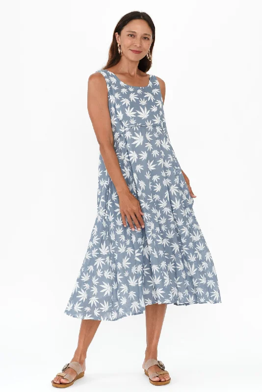 Rina Blue Leaf Cotton Pocket Dress