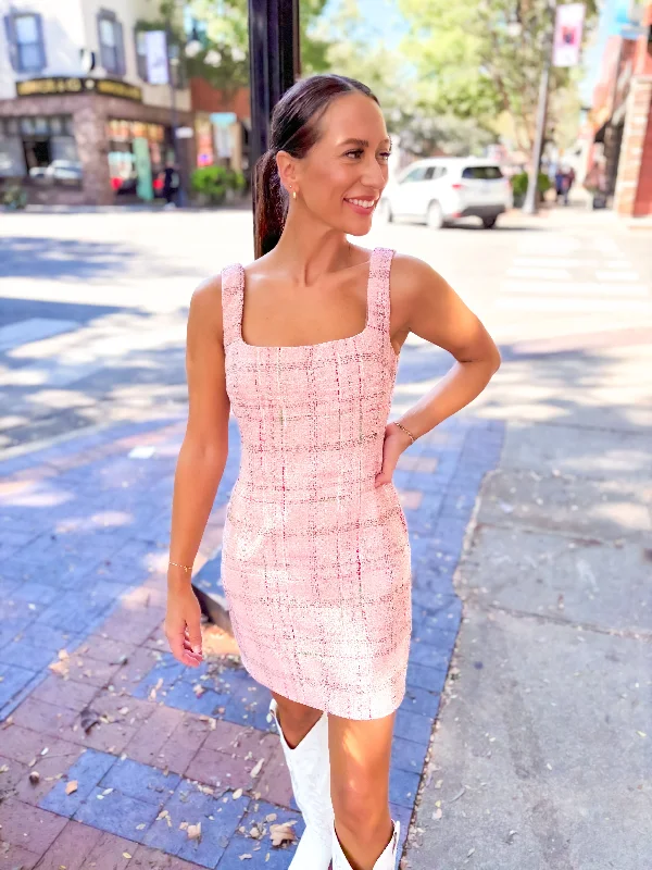 Tweed Plaid Dress - Pink