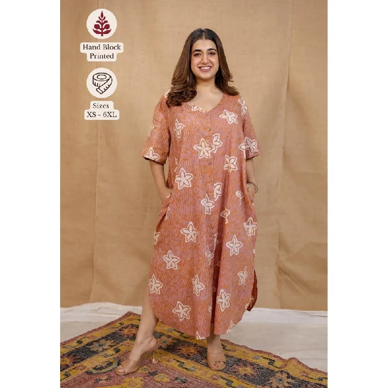 The Indian Ethnic Co. Peach Loose Hand Block Printed Dress