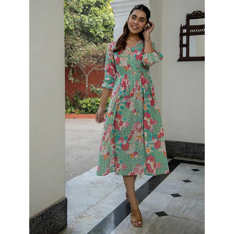 Janasya Women's Green Cotton Floral Fit & Flare Dress
