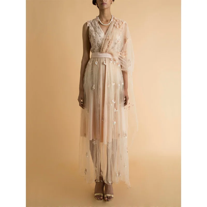 Saksham & Neharicka Beige Embroidered Sheer Dress With Drape