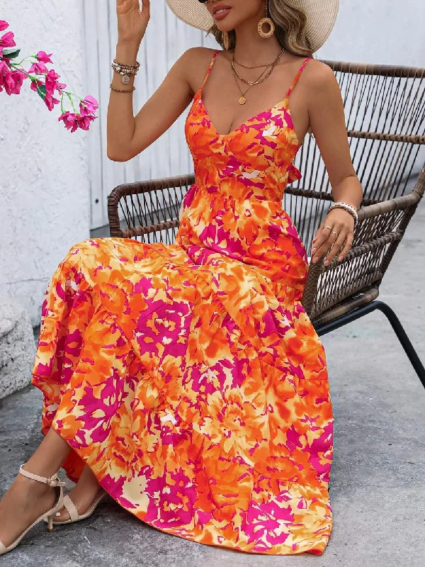 WOMEN S VACATION STYLE LONG FLORAL PRINTED SPAGHETTI STRAP DRESS FOR SUMMER