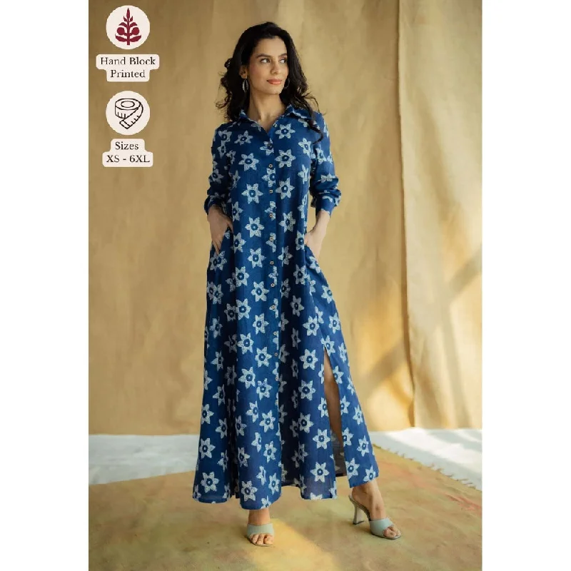 The Indian Ethnic Co. Navy Blue A-Line Bagru Printed Slub Cotton Dress