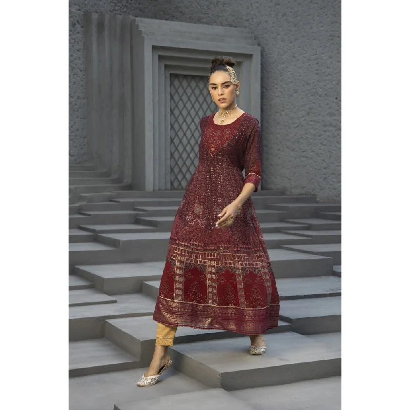Juniper Maroon Georgette Festive Printed Anarkali Flared Dress