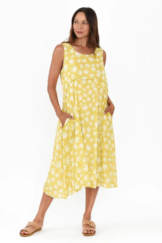 Rina Yellow Leaf Cotton Pocket Dress