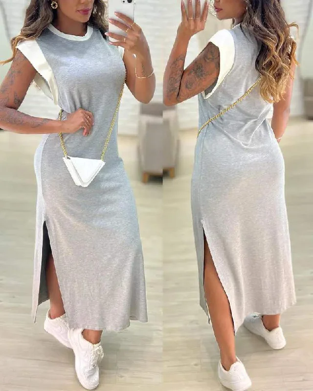 CAP SLEEVE ROUND NECK SIDE SLIT CASUAL DRESS