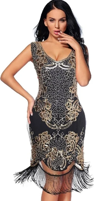 Sequin Beaded V Neck Tassels Hem Great Gatsby Cocktail Dress