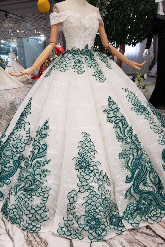 Ivory Off The Shoulder Lace Up Beading Ball Gown Princess Prom Dress
