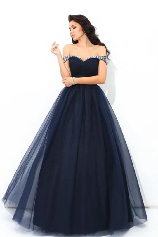 Navy Blue Off The Shoulder Beading Tulle Ball Gown Prom Dresses