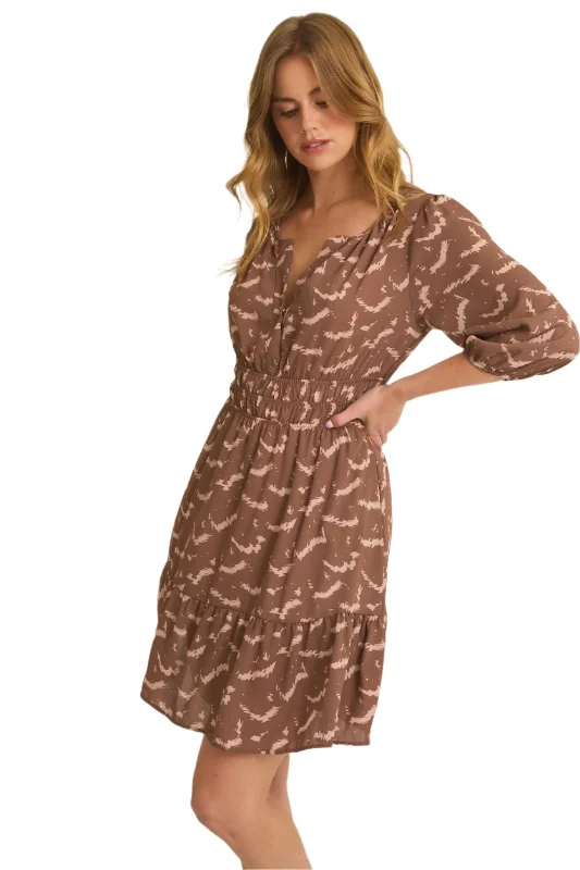 3/4 Sleeve Elastic Waist Print Dress