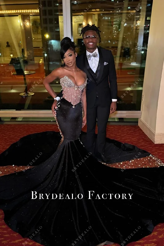 Prom Dress | Rhinestones Strapless V-Neck Black Trumpet Formal Gown