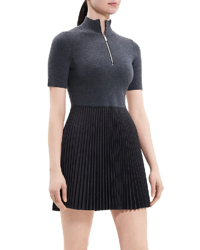 Theory Zip-Up Combo Wool-Blend Sweaterdress