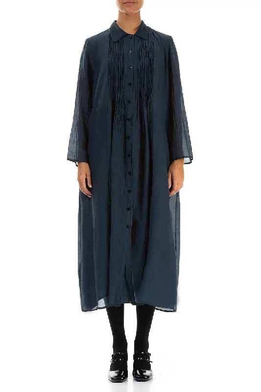 Midnight Blue Pintuck Silk Cotton Jacket Dress