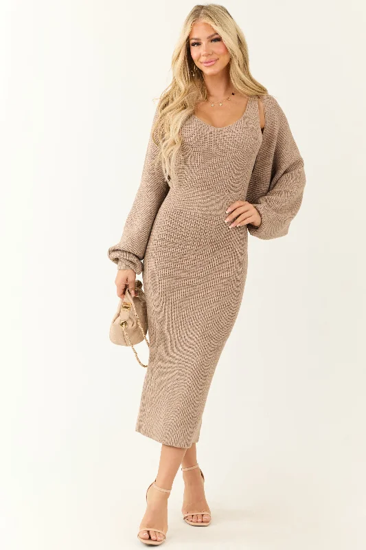 Latte Ribbed Knit Midi Dress and Shrug Cardigan Set