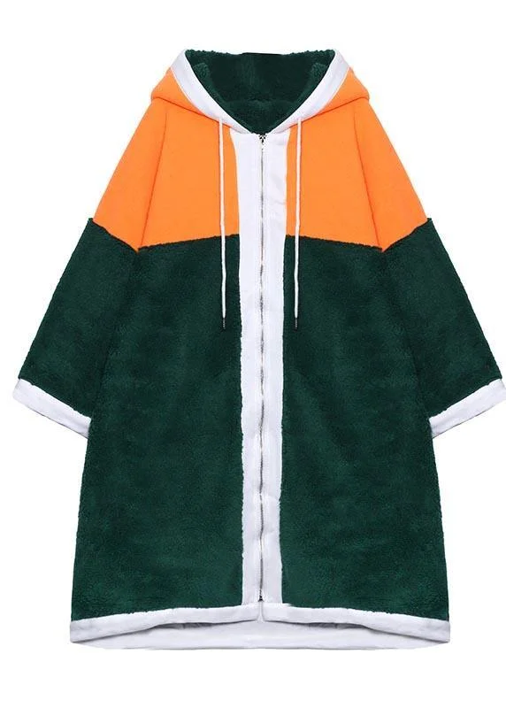 Luxury Mid-length Coats Green Hooded Patchwork Teddy Coat