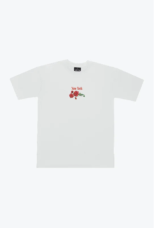 New York Rose Heavyweight T-Shirt - White Zippered Buttoned Snapped
